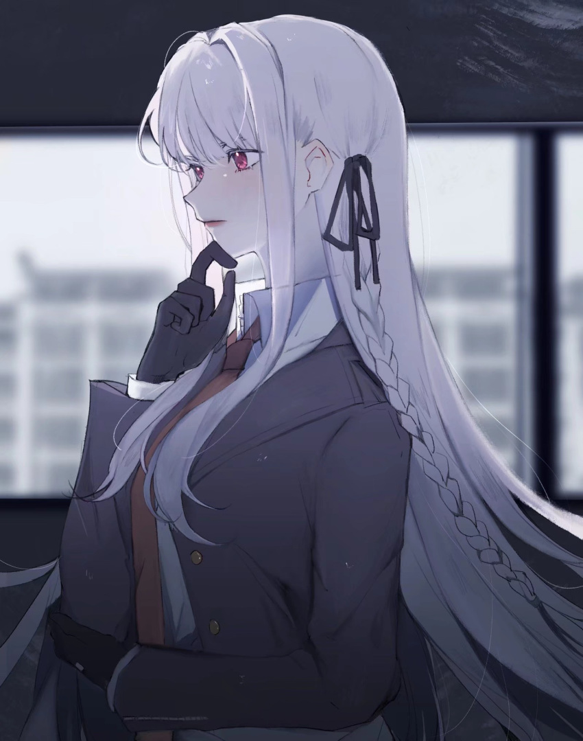 1girl, bangs, black_gloves, black_jacket, black_ribbon, blurry, blurry_background, braid