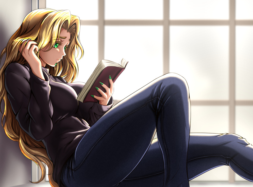1girl, black_sweater, blonde_hair, blue_pants, book, breasts, chin_piercing, commission