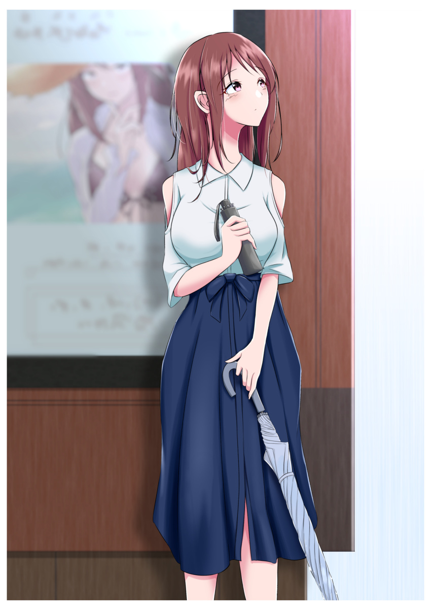 1girl, absurdres, ad, blue_skirt, blush, breasts, closed_mouth, clothing_cutout