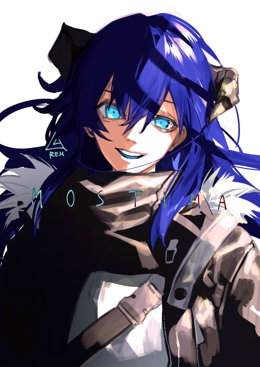 1girl, arknights, artist_name, blue_eyes, blue_hair, blue_tongue, character_name, colored_tongue