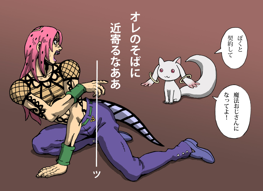 brown_background, commentary_request, crossover, diavolo, fishnets, gradient, gradient_background, highres