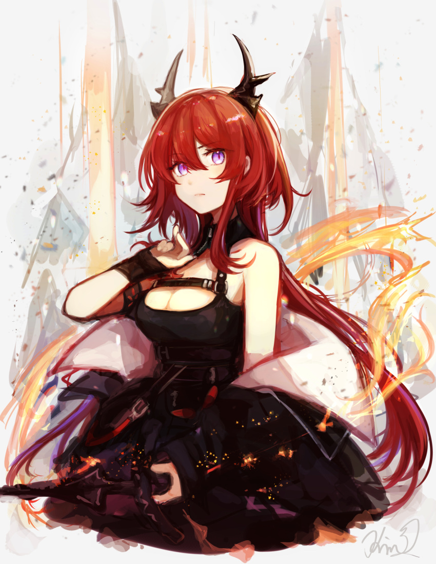 1girl, akikaze_(pokekinokokikaku), arknights, black_dress, demon_girl, demon_horns, dress, highres