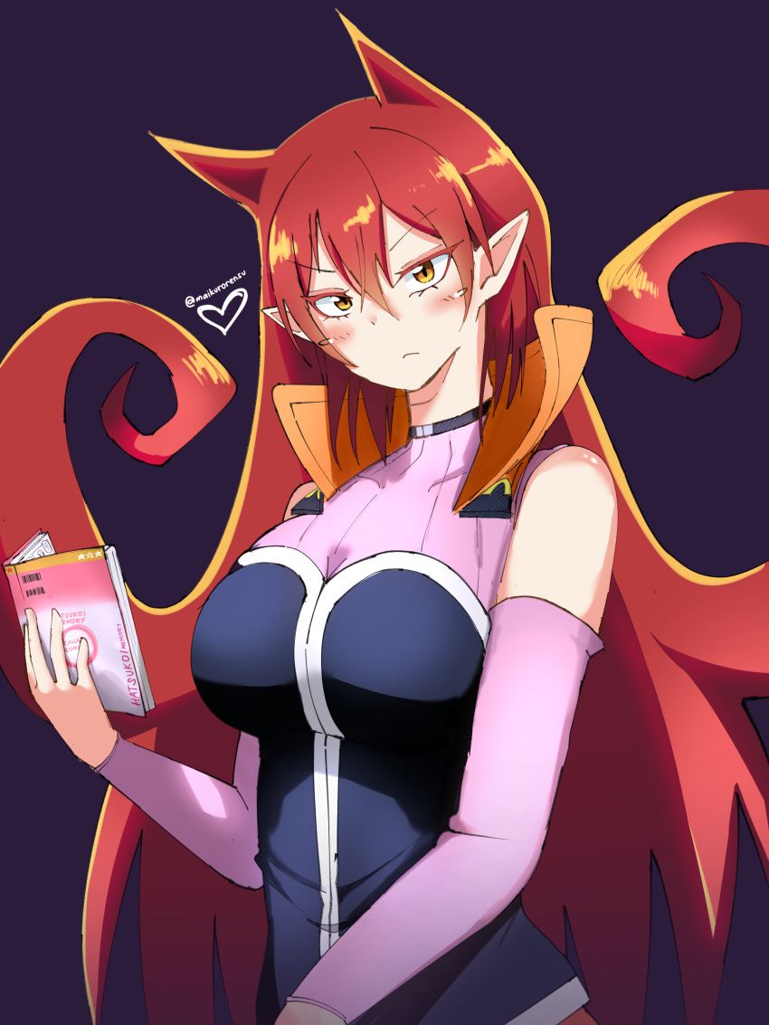 1girl, absurdres, azazel_ameri, breasts, dark_background, demon_girl, detached_sleeves, hair_between_eyes