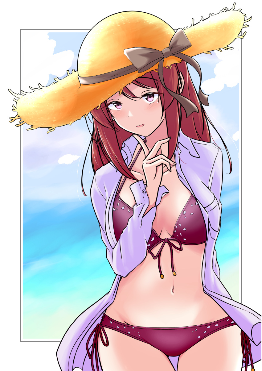 1girl, :o, absurdres, arm_behind_back, bikini, blurry, blurry_background, blush, breasts, breasts_apart, collarbone, cowboy_shot, finger_to_cheek, groin, hand_up, hat, highres, idolmaster, idolmaster_cinderella_girls, large_breasts, light_smile, long_sleeves, looking_at_viewer, midriff, mifune_miyu, motodouryou, navel, ocean, open_clothes, open_shirt, outside_border, panties, redhead, ribbon-trimmed_bikini, shirt, side-tie_panties, solo, straw_hat, swimsuit, thigh-highs, thigh_gap, underwear, white_shirt