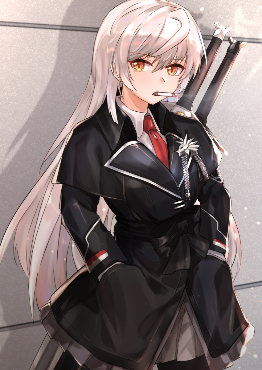 1girl, absurdres, black_bow, black_jacket, black_legwear, bow, breasts, cigarette