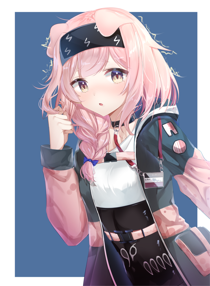 1girl, animal_ears, arknights, bangs, belt, black_hairband, blue_background, chinese_commentary