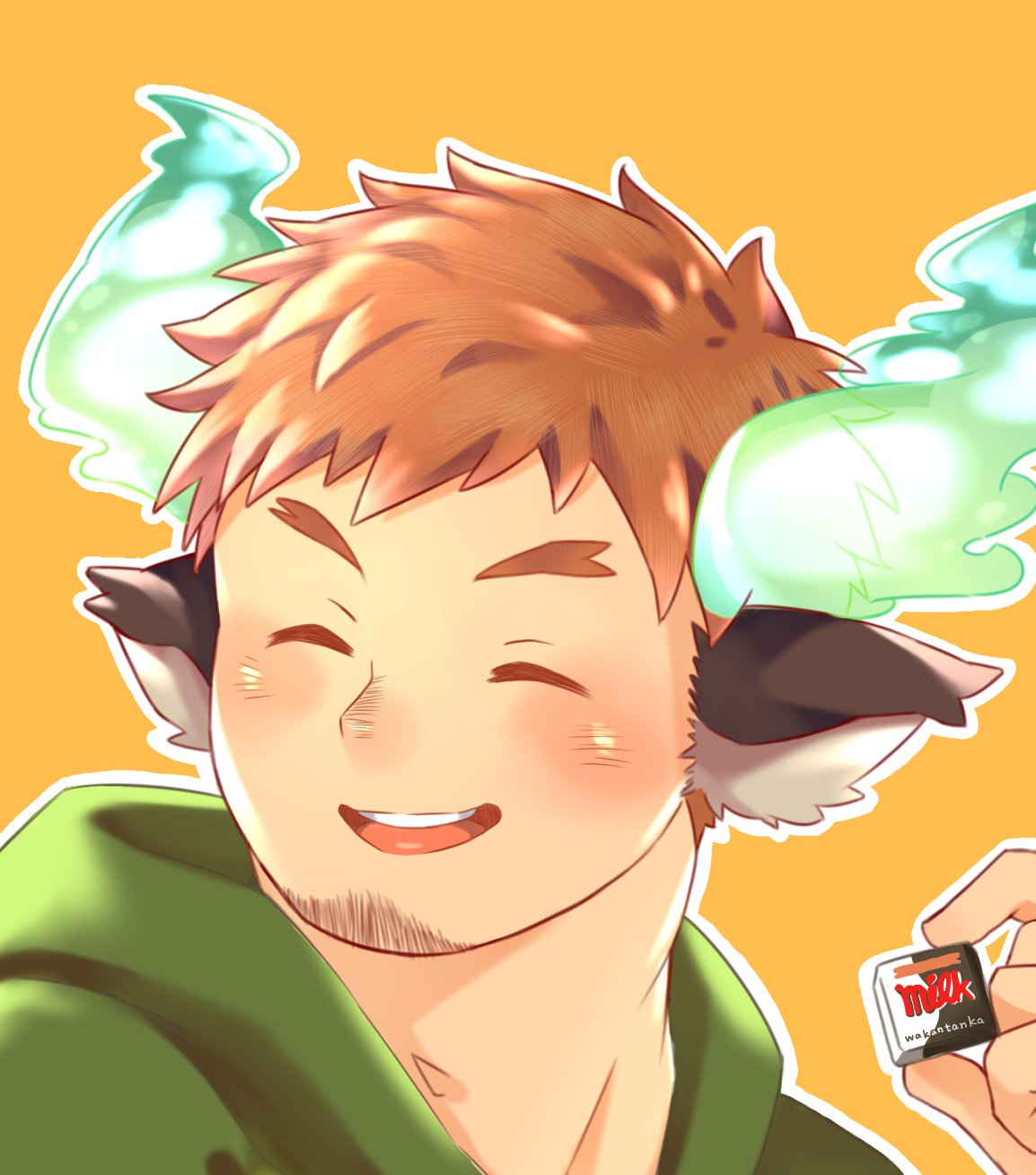 1boy, alternate_costume, animal_ears, blush, brown_eyes, brown_hair, cow_boy, cow_ears