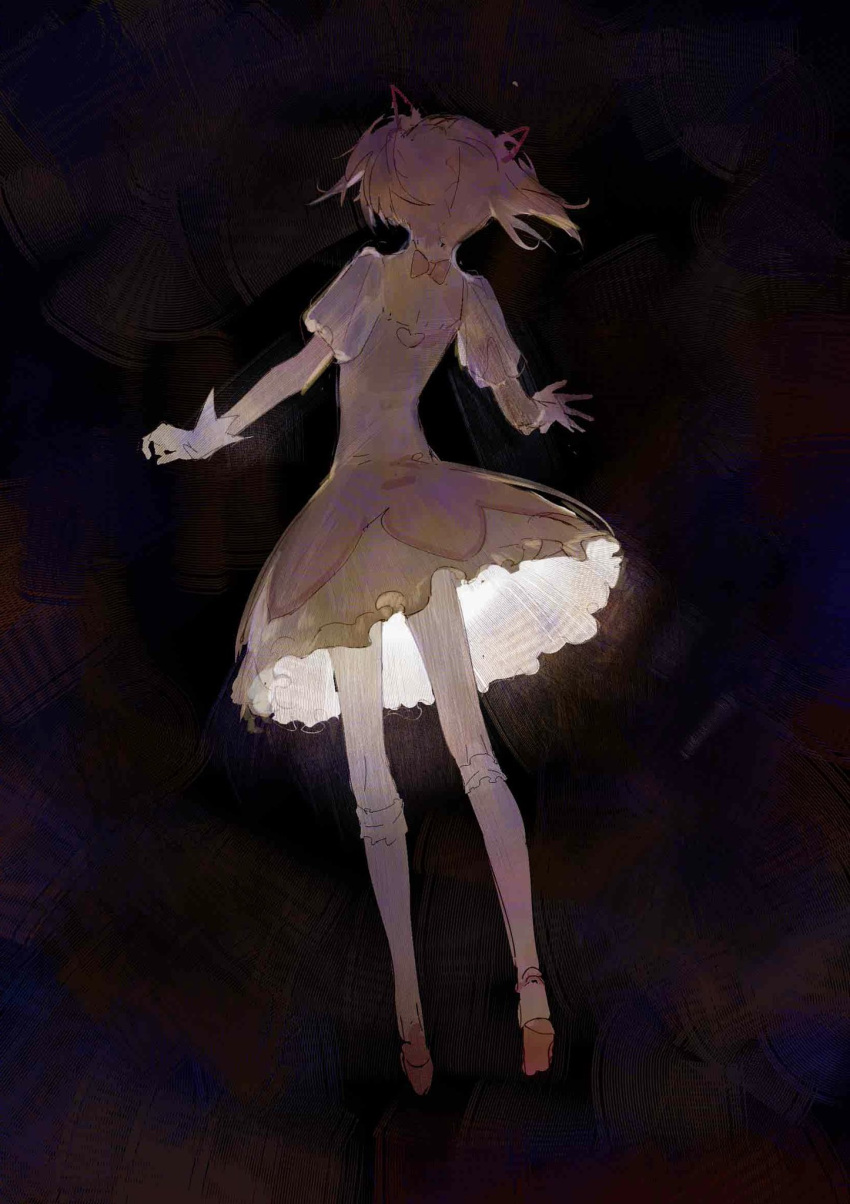 1girl, arms_at_sides, back_cutout, bobby_socks, bubble_skirt, choker, clothing_cutout, dark_background, darkness, facing_away, frilled_legwear, frilled_skirt, frills, from_behind, full_body, gloves, glowing, hair_ribbon, heart_cutout, highres, impressionism, kaname_madoka, legs_apart, light, mahou_shoujo_madoka_magica, minimalism, multicolored, multicolored_background, muted_color, narrow_waist, pink_hair, pink_ribbon, puffy_short_sleeves, puffy_sleeves, red_footwear, red_ribbon, ribbon, ribbon_choker, shoes, short_sleeves, short_twintails, simple_background, skirt, socks, solo, toduring, twintails, white_gloves, white_legwear, white_skirt