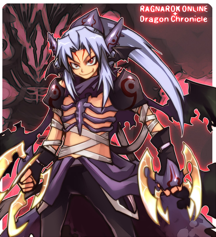 1boy, armor, assassin_(ragnarok_online), bandages, bangs, black_gloves, black_wings, cape