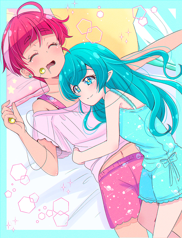 2girls, ahoge, aqua_eyes, aqua_hair, bangs, blunt_bangs, closed_eyes, cuddling