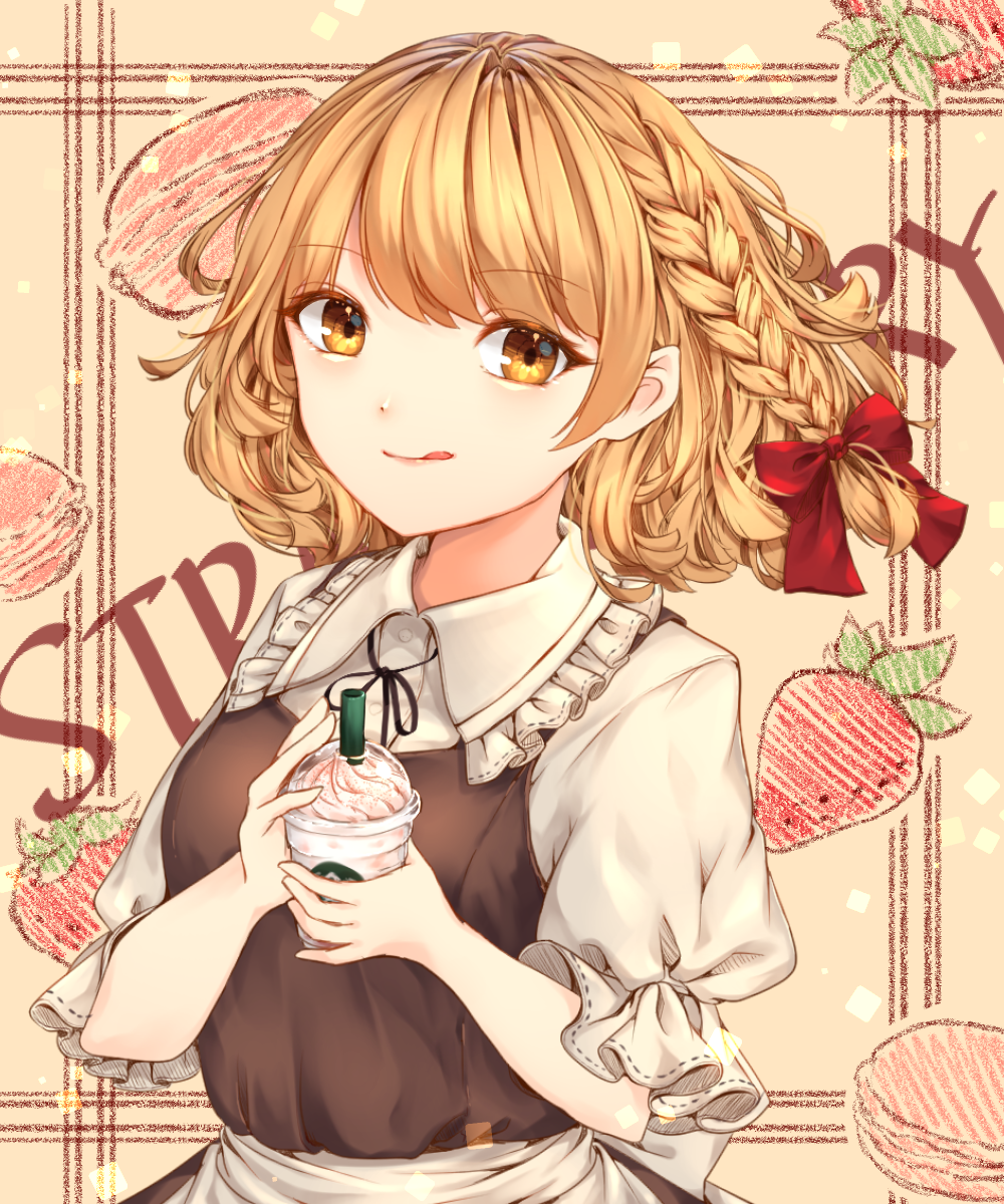 1girl, apron, background_text, bangs, berry, black_bow, black_neckwear, blonde_hair