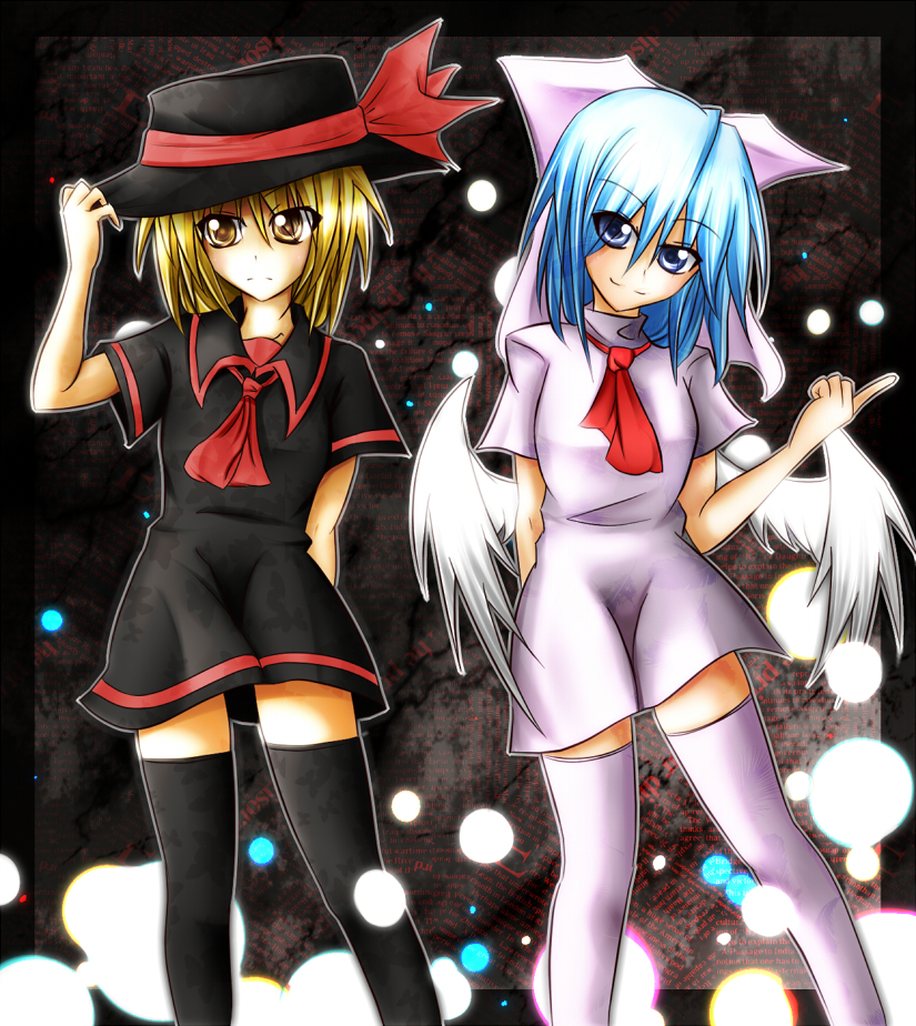 black_legwear, black_thighhighs, blonde_hair, blue_eyes, blue_hair, bow, brown_eyes, hair_bow