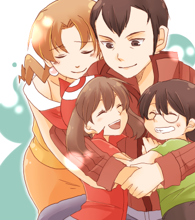 2boys, 2girls, bandana, black_hair, brother_and_sister, brown_hair, caroline_(pokemon), closed_eyes