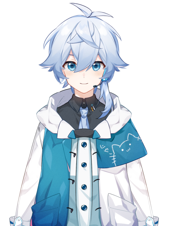 1boy, ahoge, bangs, black_shirt, blue_eyes, blue_hair, buttons, closed_mouth, eyebrows_visible_through_hair, hood, hoodie, long_sleeves, midou_(grk12138), original, shirt, solo, white_background
