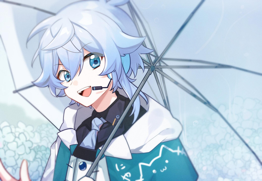 1boy, bangs, black_shirt, blue_eyes, blue_hair, blue_neckwear, collared_shirt, eyebrows_visible_through_hair, hair_between_eyes, highres, looking_at_viewer, midou_(grk12138), necktie, open_mouth, original, shirt, short_hair, short_hair_with_long_locks, solo, umbrella, upper_body, upper_teeth
