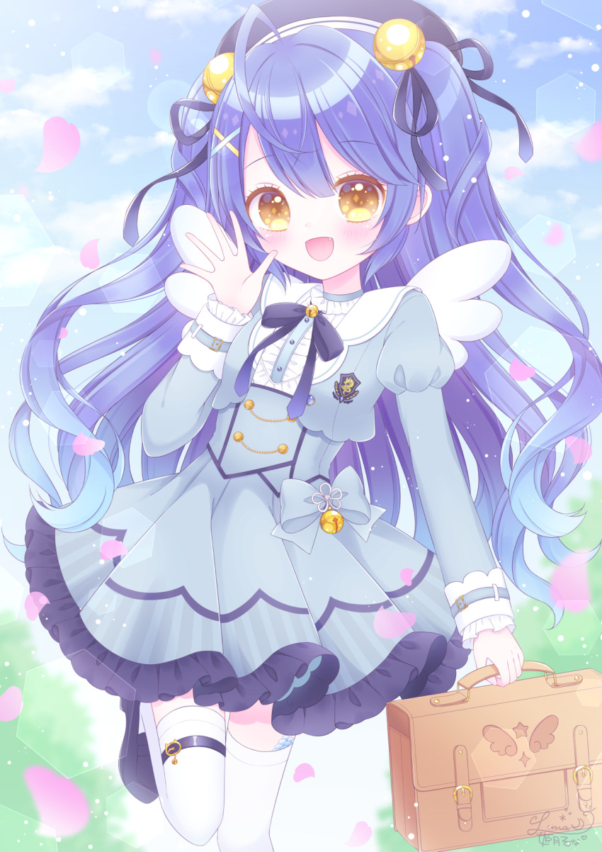 1girl, :d, amamiya_kokoro, bell, beret, black_footwear, black_headwear, black_ribbon