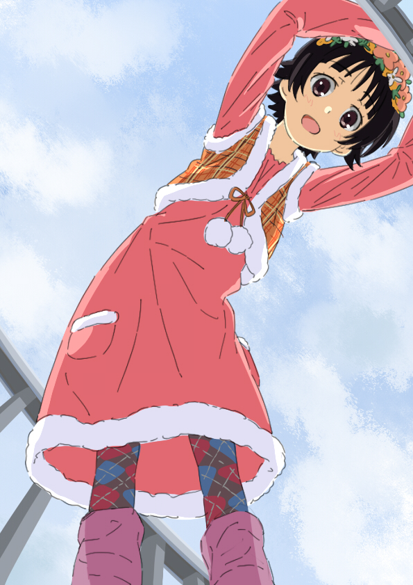 argyle_legwear, banzai_nekomimi, black_hair, brown_eyes, dress, flower, from_below, hair_flower