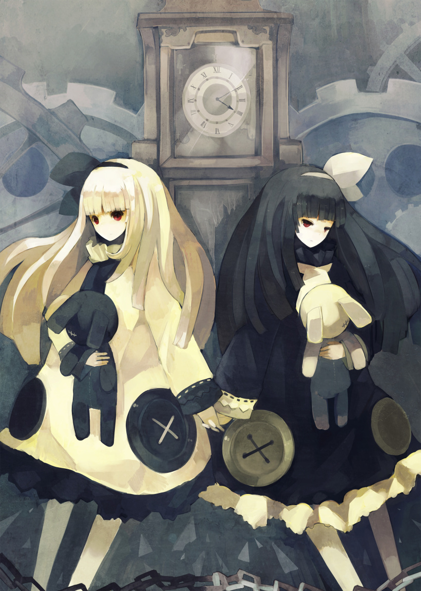 bad_id, black_hair, blonde_hair, clock, highres, long_hair, nekotei, nekotewi