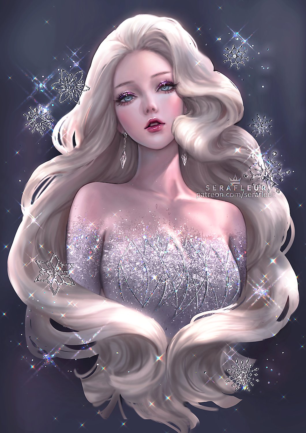 artist_name, blue_eyes, breasts, crystal, disney, dress, earrings, elsa_(frozen), evening_gown, eyeshadow, formal, frozen_(disney), frozen_ii_(disney), glitter, gown, grey_background, head_tilt, highres, jewelry, long_hair, makeup, medium_breasts, parted_lips, pink_eyeshadow, pink_lips, platinum_blonde_hair, realistic, sequins, serafleur, silver_dress, snowflakes, sparkle, sparkle_background, strapless, strapless_dress, very_long_hair, wavy_hair