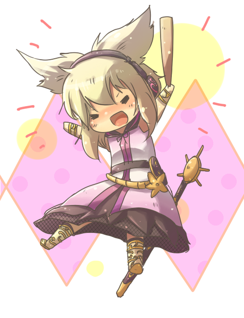 1girl, =_=, \o/, anklet, arms_up, bangs, blush, bracelet, chibi, closed_eyes, commentary_request, dress, earmuffs, hair_flaps, holding, holding_stick, jewelry, kamira_(aterasu), light_brown_hair, medium_hair, nose_blush, open_mouth, outstretched_arms, pointy_hair, ribbon, ritual_baton, sheath, sheathed, simple_background, sleeveless, sleeveless_dress, smile, solo, stick, sword, touhou, toyosatomimi_no_miko, v-shaped_eyebrows, weapon, white_background