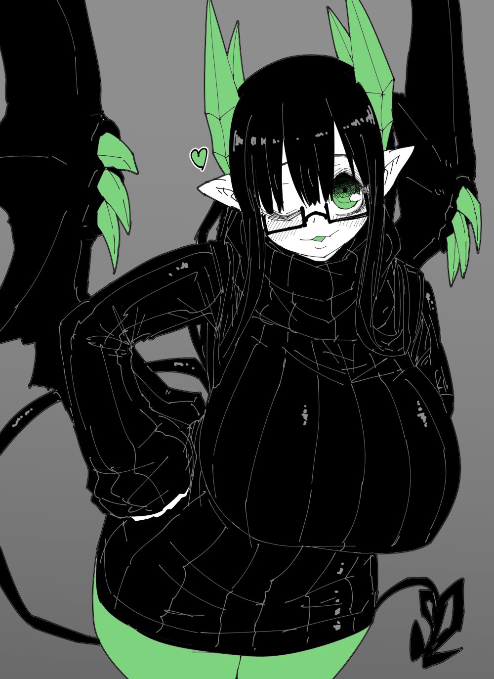 1girl, black_hair, black_sweater, black_tail, black_wings, blush, breasts, colored_tongue