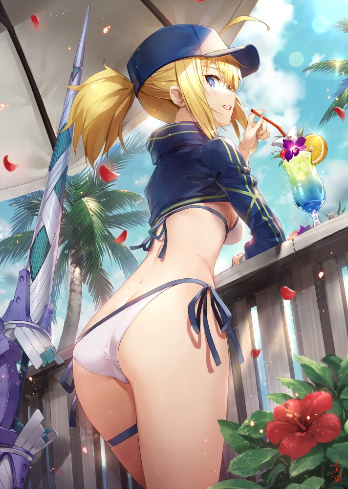 1girl, ahoge, artoria_pendragon_(all), ass, baseball_cap, bikini, blonde_hair, blue_eyes, breasts, cocktail_glass, cropped_jacket, cup, drinking_glass, drinking_straw, elbow_rest, fate/grand_order, fate_(series), flower, food, from_behind, fruit, gabiran, hair_through_headwear, hat, hibiscus, leaning_on_rail, lens_flare, long_hair, long_sleeves, looking_at_viewer, looking_back, medium_breasts, medium_hair, mysterious_heroine_xx_(fate), orange_(food), orange_slice, palm_tree, petals, ponytail, railing, shrug_(clothing), side-tie_bikini, solo, standing, string_bikini, sunlight, swimsuit, thigh_strap, thighs, tree, umbrella, weapon, wet, white_bikini