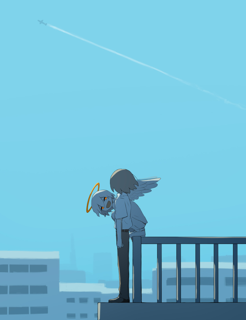 2boys, :d, absurdres, aircraft, airplane, angel_wings, avogado6, blue_sky