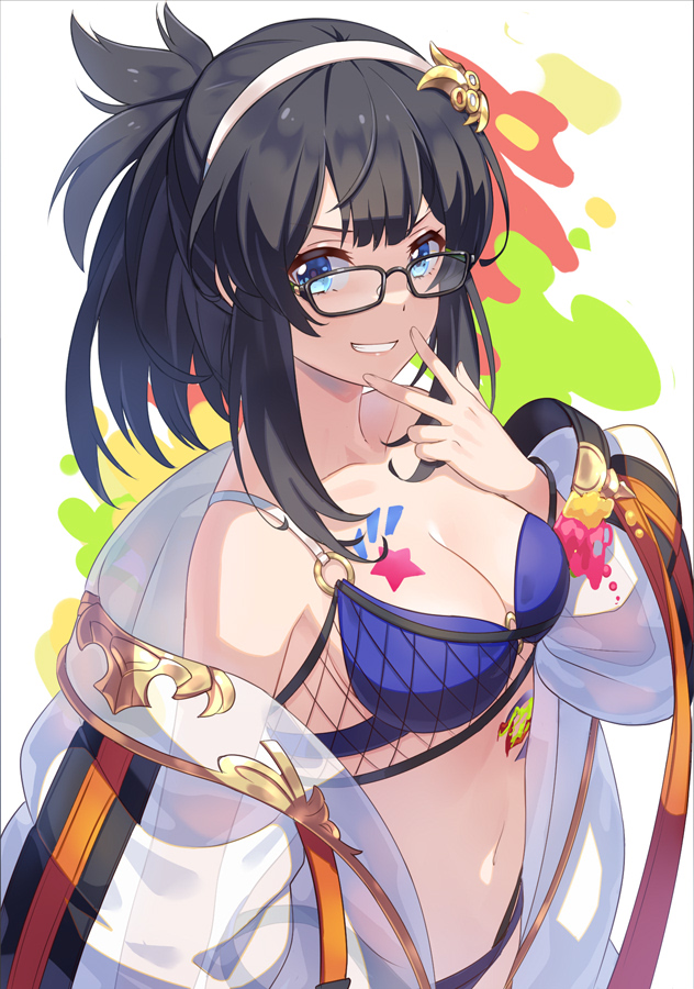 1girl, bikini, black_hair, blue_eyes, glasses, granblue_fantasy, grin, hairband, illnott, jiman, long_hair, navel, paint_splatter, see-through_jacket, smile, swimsuit