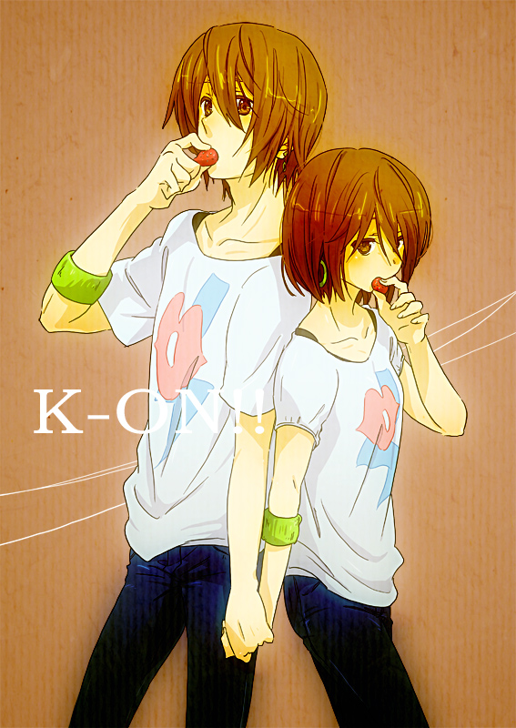 armband, back-to-back, brown_eyes, brown_hair, crossover, dual_persona, earrings, food