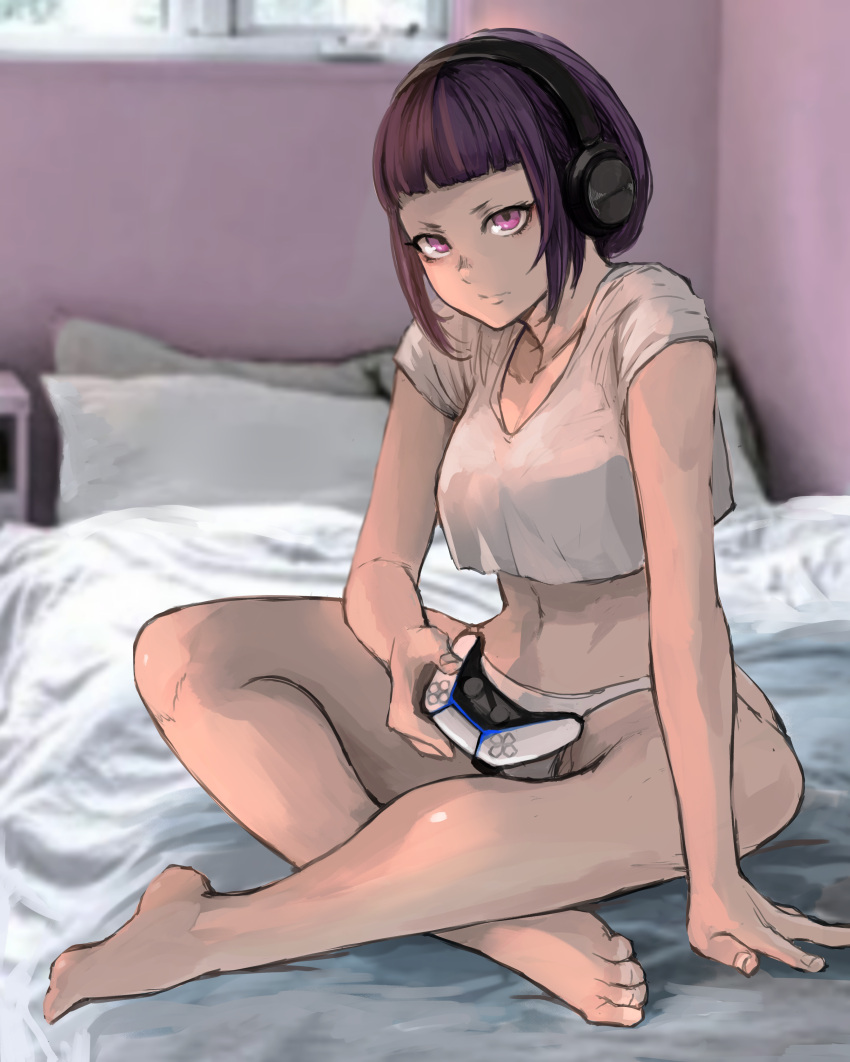 1girl, 6maker, absurdres, alternate_hair_length, alternate_hairstyle, bangs, barefoot, blunt_bangs, breasts, casual, controller, crop_top, crop_top_overhang, dualsense, fingernails, full_body, game_controller, gamepad, han_juri, headphones, highres, holding, holding_controller, holding_game_controller, indian_style, looking_at_viewer, medium_breasts, midriff, navel, panties, playstation_5, playstation_controller, purple_hair, shirt, short_hair, sitting, solo, street_fighter, street_fighter_v, toes, underwear, violet_eyes, white_panties, white_shirt, wireless