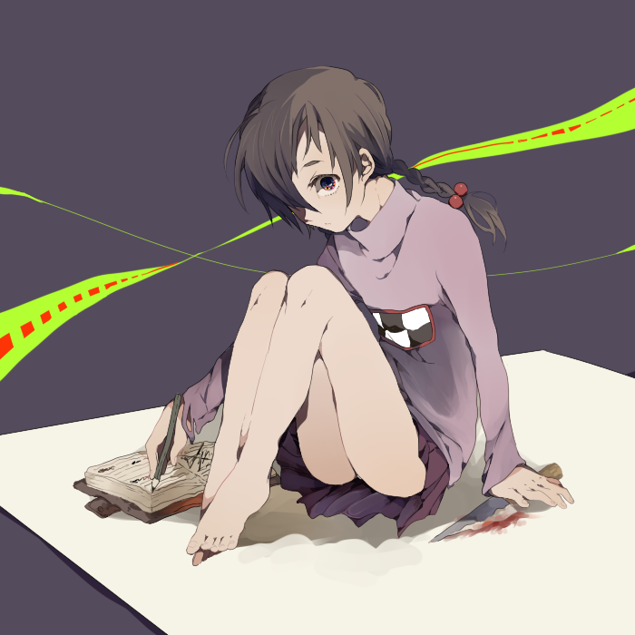 barefoot, blood, braid, brown_hair, crazy, crazy_eyes, diary, feet