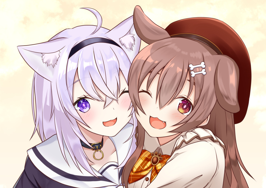 2girls, :3, absurdres, ahoge, animal_collar, animal_ear_fluff, animal_ears, bangs