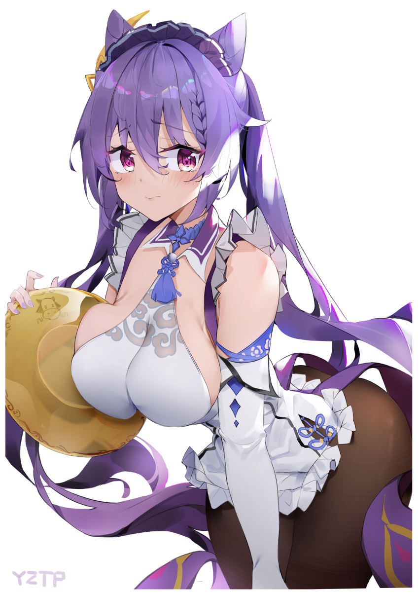 1girl, absurdres, bare_shoulders, bent_over, black_legwear, blush, braid, breasts