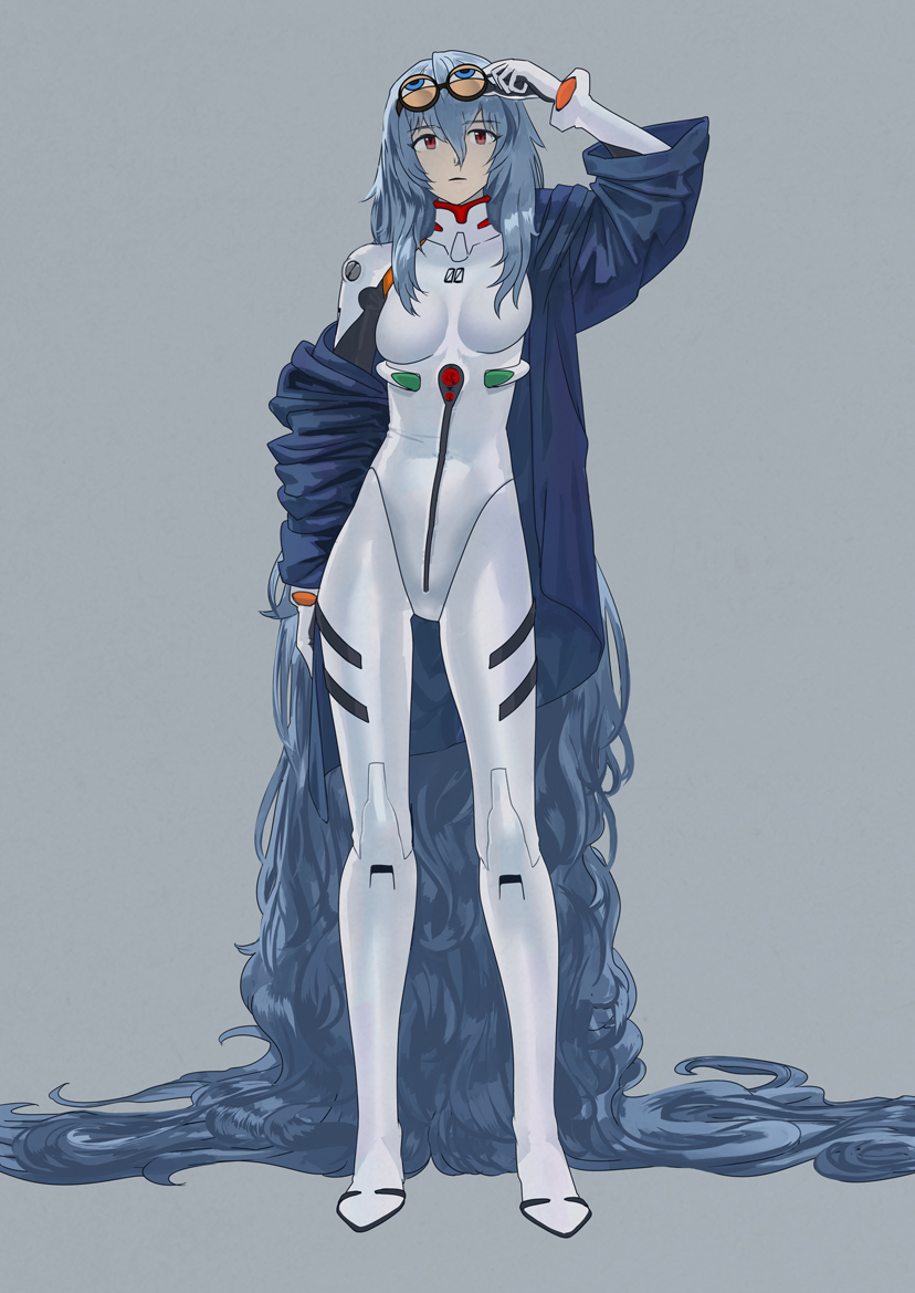 1girl, adjusting_eyewear, alternate_hair_length, alternate_hairstyle, ayanami_rei, blue_hair, breasts, contrapposto, evangelion:_3.0+1.0_thrice_upon_a_time, expressionless, eyewear_on_head, grey_background, jacket, jacket_on_shoulders, long_hair, looking_at_viewer, medium_breasts, neon_genesis_evangelion, off_shoulder, plugsuit, rebuild_of_evangelion, red_eyes, sakamoto_kengo, solo, spoilers, very_long_hair