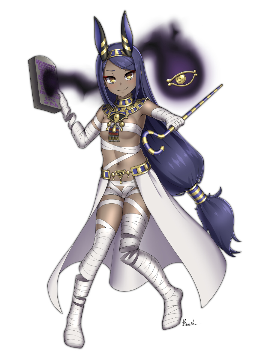 1girl, absurdres, animal_ear_headwear, animal_ears, bandages, blue_hair, breasts, dark-skinned_female