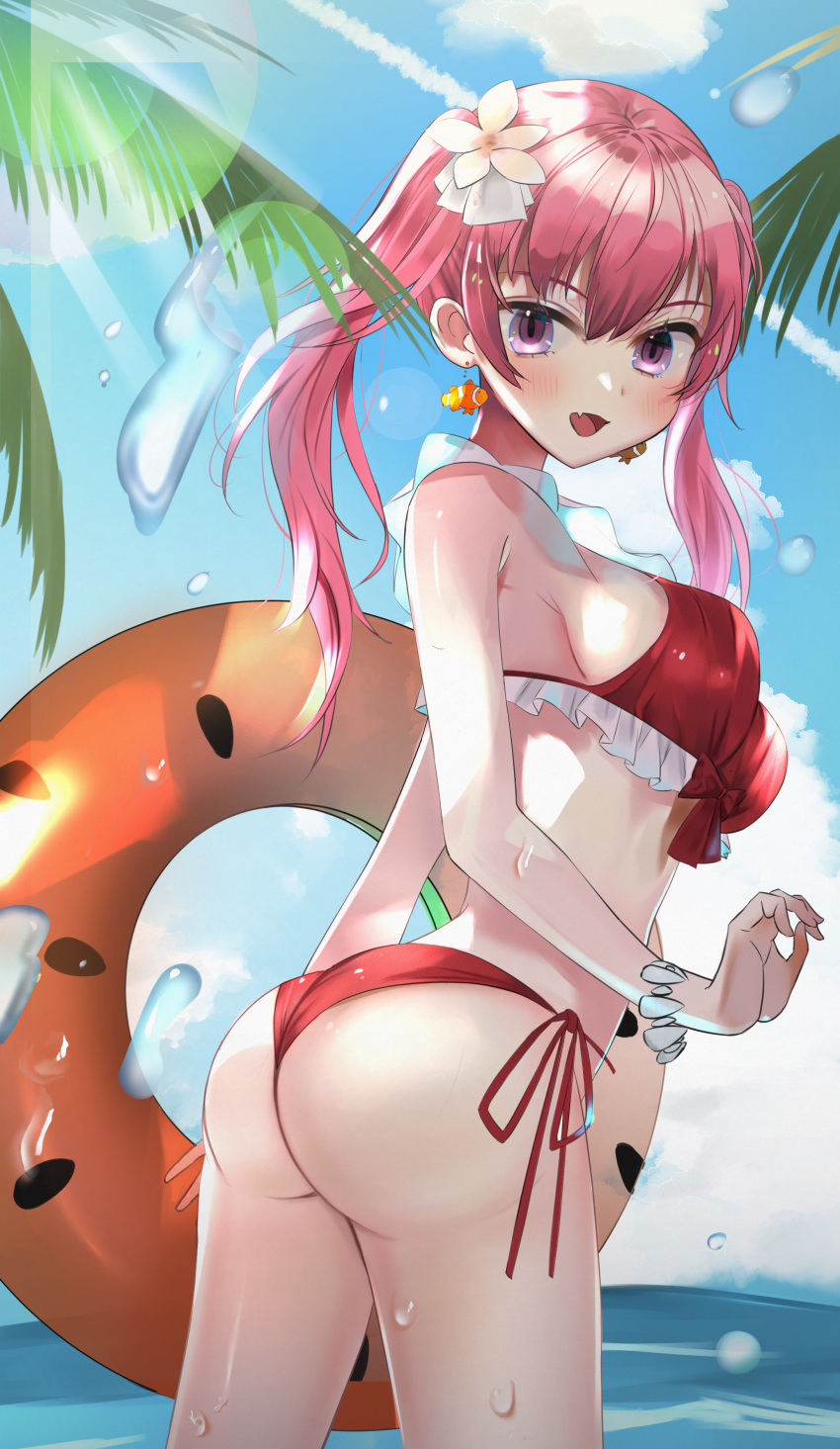 1girl, :d, absurdres, ass, bikini, breasts, chil0107, clouds