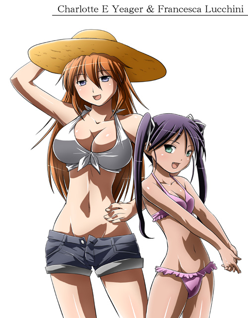 bikini, black_hair, blue_eyes, breasts, charlotte_e_yeager, cleavage, denim, denim_shorts, fang, francesca_lucchini, green_eyes, hat, long_hair, multiple_girls, orange_hair, shorts, steed_enterprise, strike_witches, swimsuit, twintails
