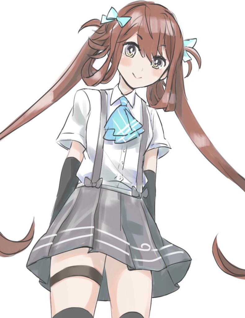1girl, arm_warmers, asagumo_(kancolle), ascot, black_legwear, blue_neckwear, brown_hair, commentary_request