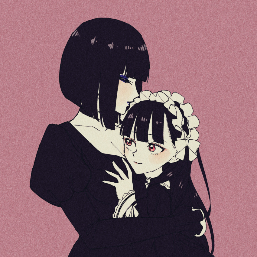 2girls, age_difference, black_clothes, black_hair, blush, bob_cut, closed_eyes, hug