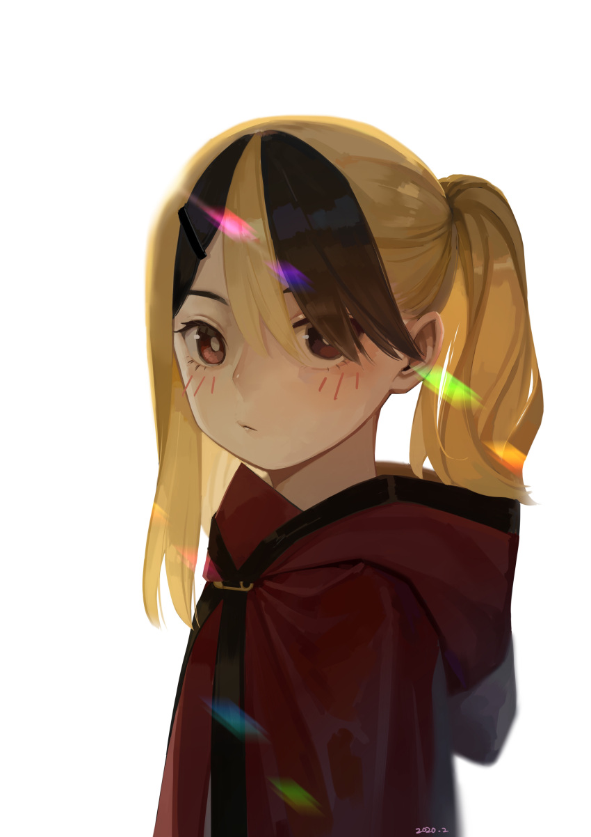 1girl, absurdres, asymmetrical_hair, black_hair, blonde_hair, blush, cloak, guazi