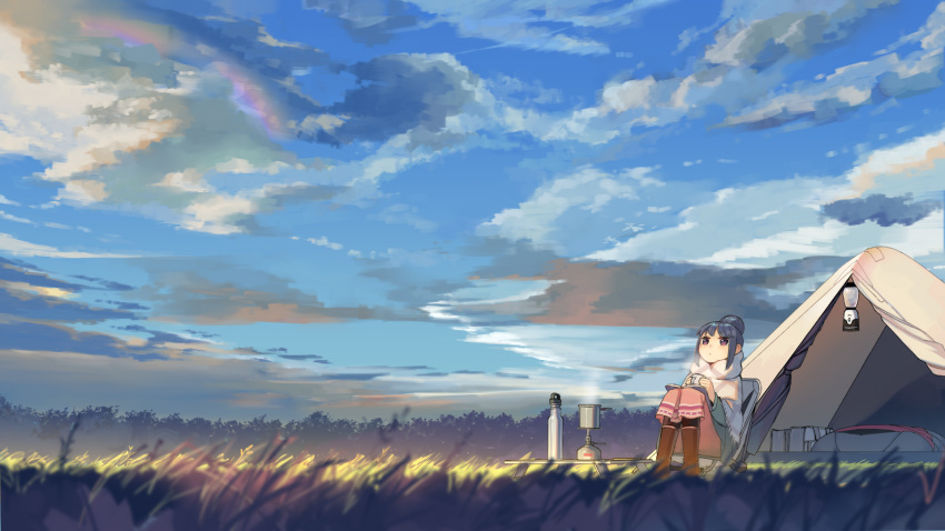 1girl, blue_hair, camping_chair, clouds, guazi, hair_bun, highres, lantern
