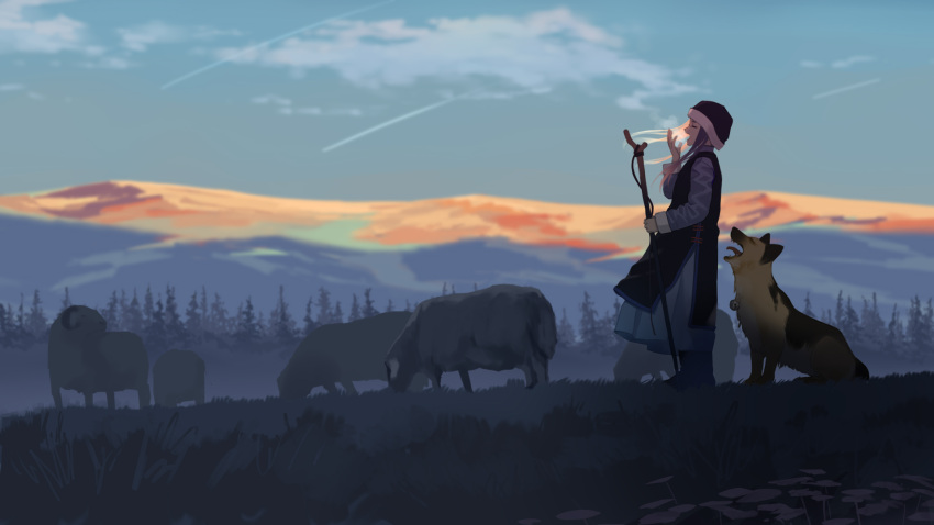 1girl, closed_eyes, dog, forest, from_side, guazi, hat, highres