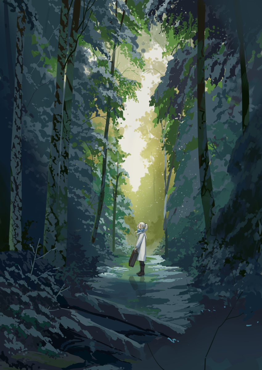 1girl, absurdres, boots, elf, forest, from_side, guazi, highres, long_hair, nature, outdoors, pointy_ears, ponytail, scenery, solo, sousou_no_frieren, standing, suitcase, white_hair