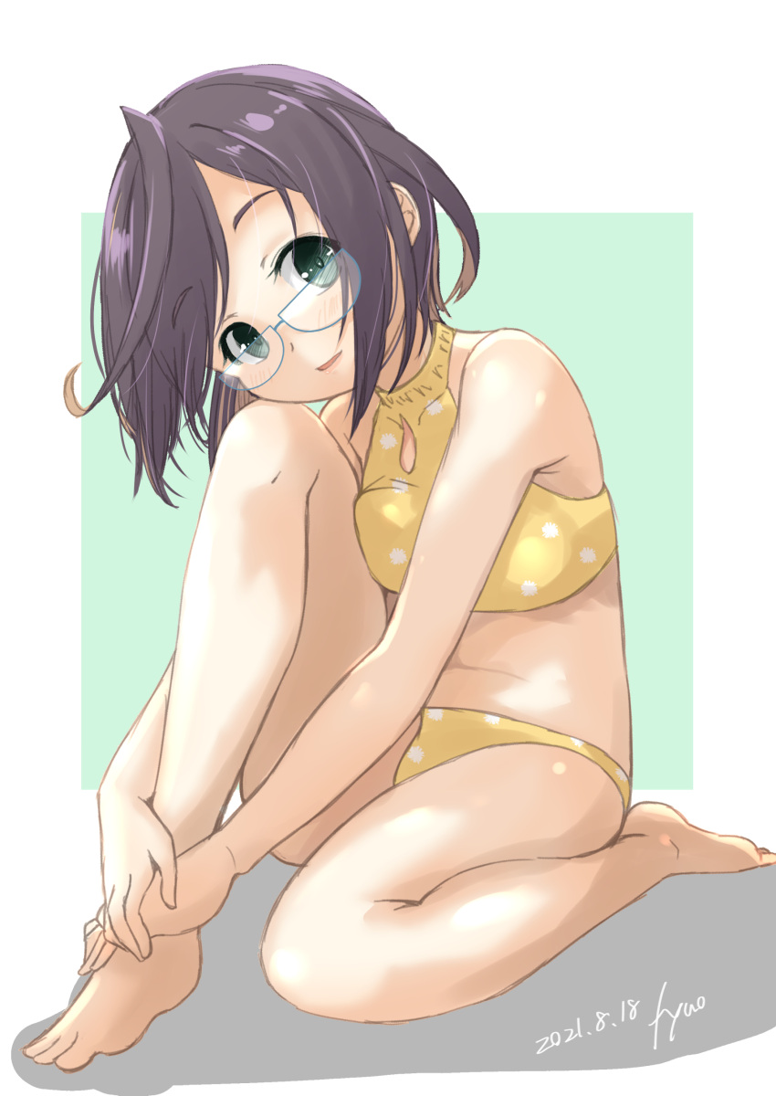 1girl, absurdres, barefoot, bikini, black_hair, blue-framed_eyewear, border, full_body, fyuo, glasses, green_background, green_eyes, head_on_knee, head_tilt, highres, kantai_collection, multicolored_hair, okinami_(kancolle), one-hour_drawing_challenge, pink_hair, polka_dot, polka_dot_bikini, remodel_(kantai_collection), short_hair, sitting, solo, swimsuit, two-tone, white_border, yellow_bikini