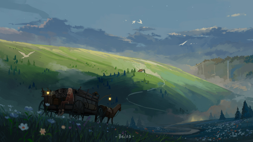 1girl, bird, cart, clouds, guazi, highres, hill, horse