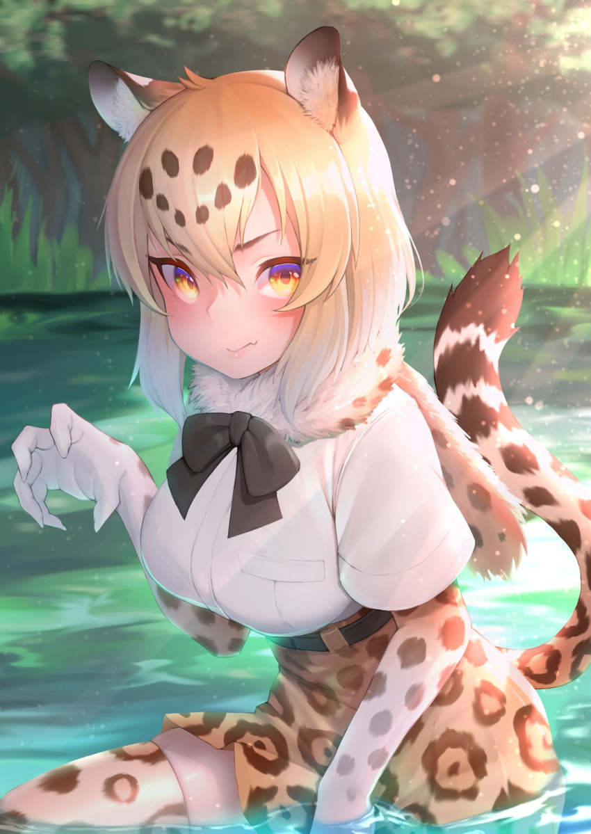 1girl, akuma_(st.takuma), animal_ears, black_neckwear, blonde_hair, bow, bowtie, claw_pose