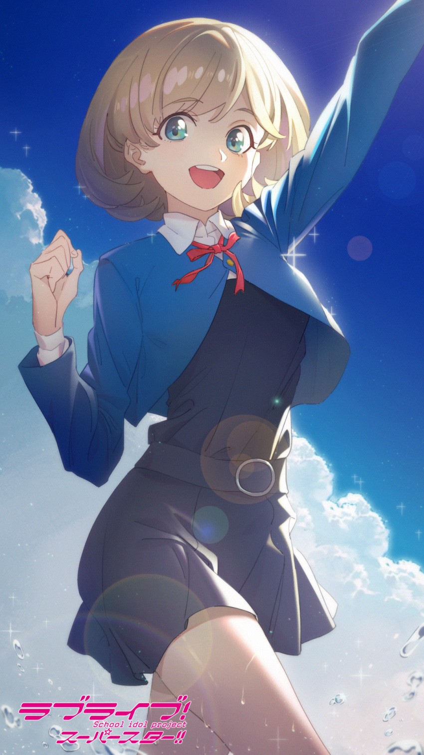 1girl, :d, arm_up, bangs, black_dress, blonde_hair, blue_eyes, clouds
