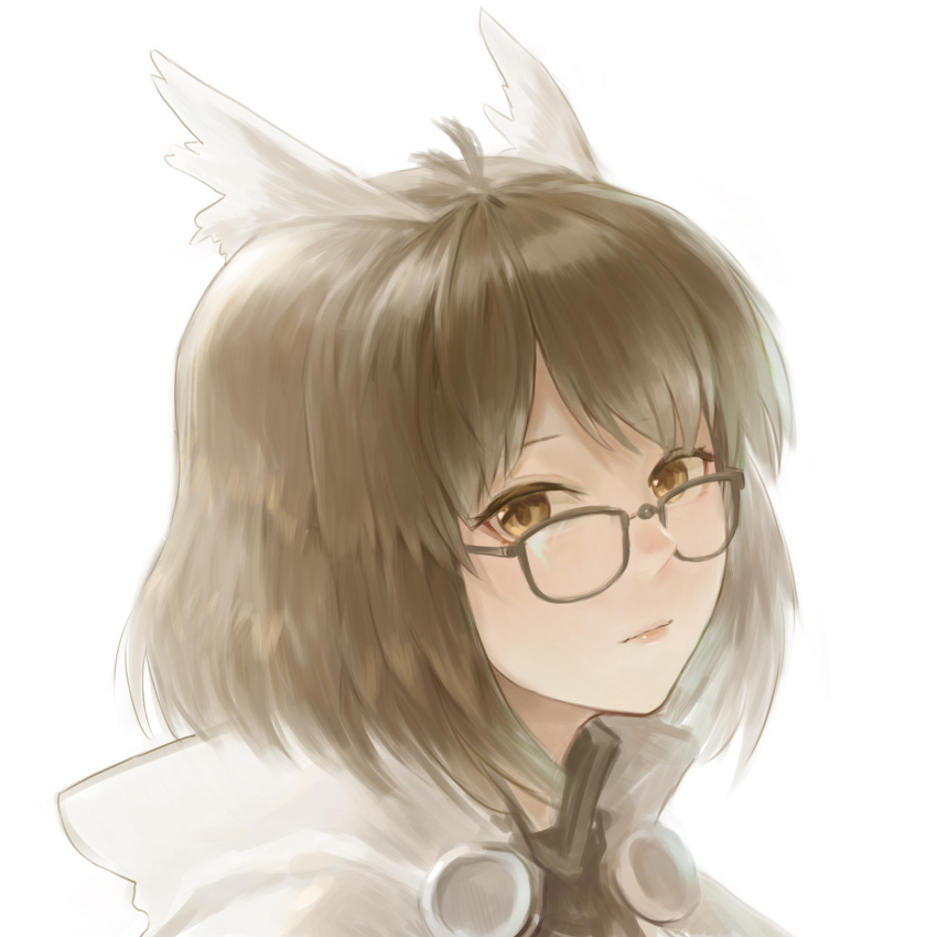 1girl, absurdres, ahong, arknights, brown_eyes, brown_hair, closed_mouth, commentary_request, face, feather_hair, glasses, grey_jacket, highres, hood, hooded_jacket, jacket, lips, looking_at_viewer, looking_over_eyewear, portrait, short_hair, silence_(arknights), simple_background, solo, white_background