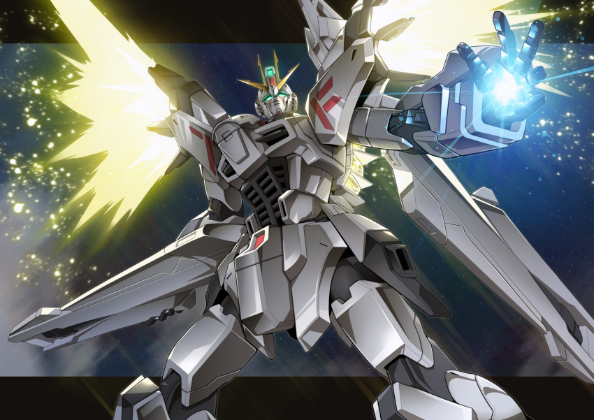 destiny_gundam, energy_wings, f91_gundam, fusion, gamiani_zero, glowing, glowing_eyes, glowing_hand