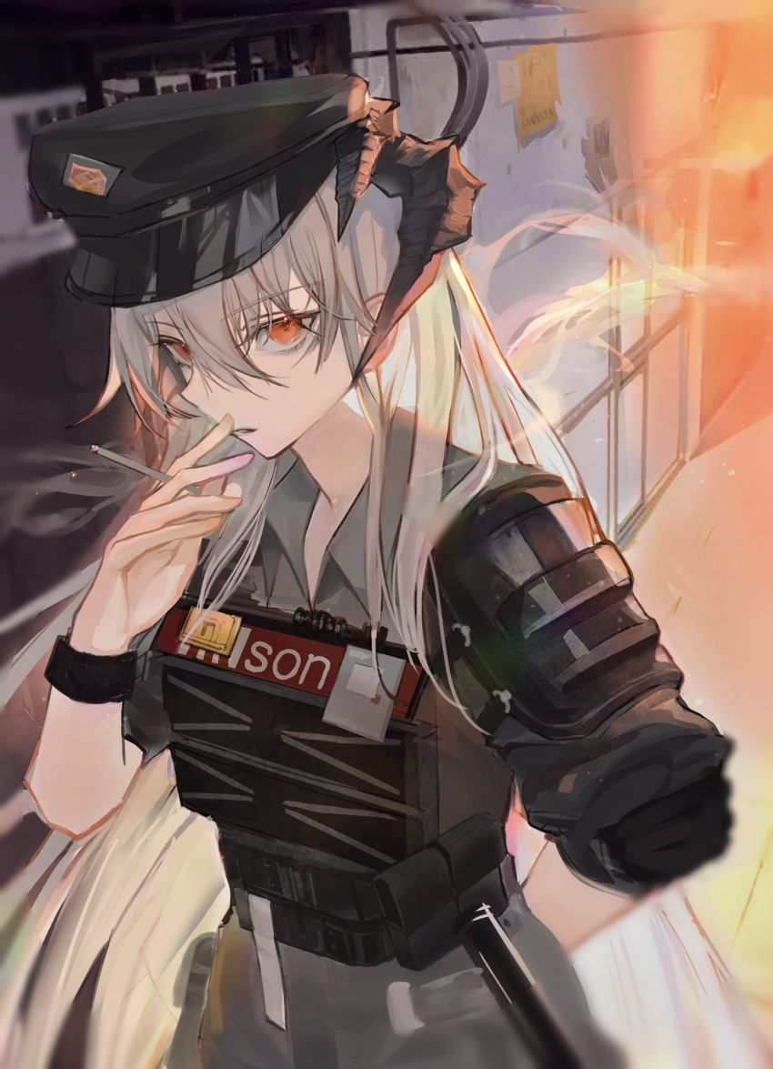 1girl, ak_(ak98110881), arknights, arm_behind_back, bangs, black_headwear, cigarette, collared_shirt, commentary, dragon_horns, eyebrows_visible_through_hair, grey_shirt, hair_between_eyes, hair_over_eyes, hand_up, hat, highres, holding, holding_cigarette, horns, id_card, indoors, looking_at_viewer, official_alternate_costume, orange_eyes, plate_carrier, police_hat, saria_(arknights), saria_(the_law)_(arknights), shirt, silver_hair, sleeves_rolled_up, smoke, smoking, solo, upper_body
